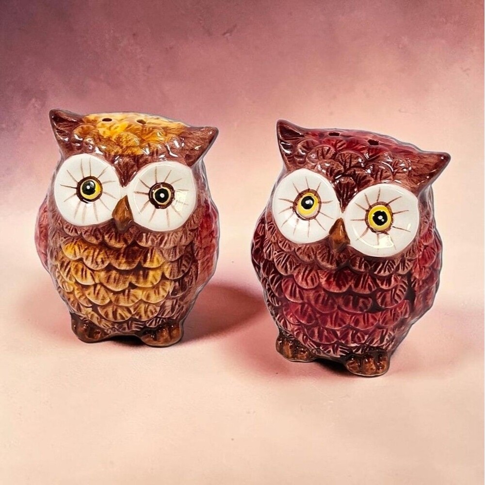 Vintage 1970s Style Owl Salt and Pepper Shakers Ceramic Brown Red Kitchen Farm